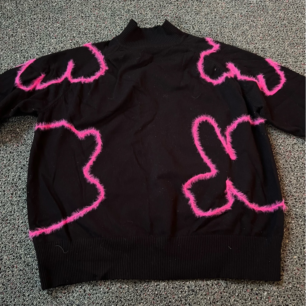 Modest Black Pink Flower Embroidered Mohair Design Mockneck Long-Sleeve Sweater - Picture 5 of 13